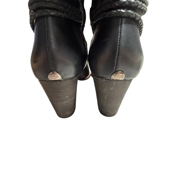 UGG Neoma Black Leather Knee High Heeled Boots Braided Strap Women’s Size 9.5 - Picture 5 of 9